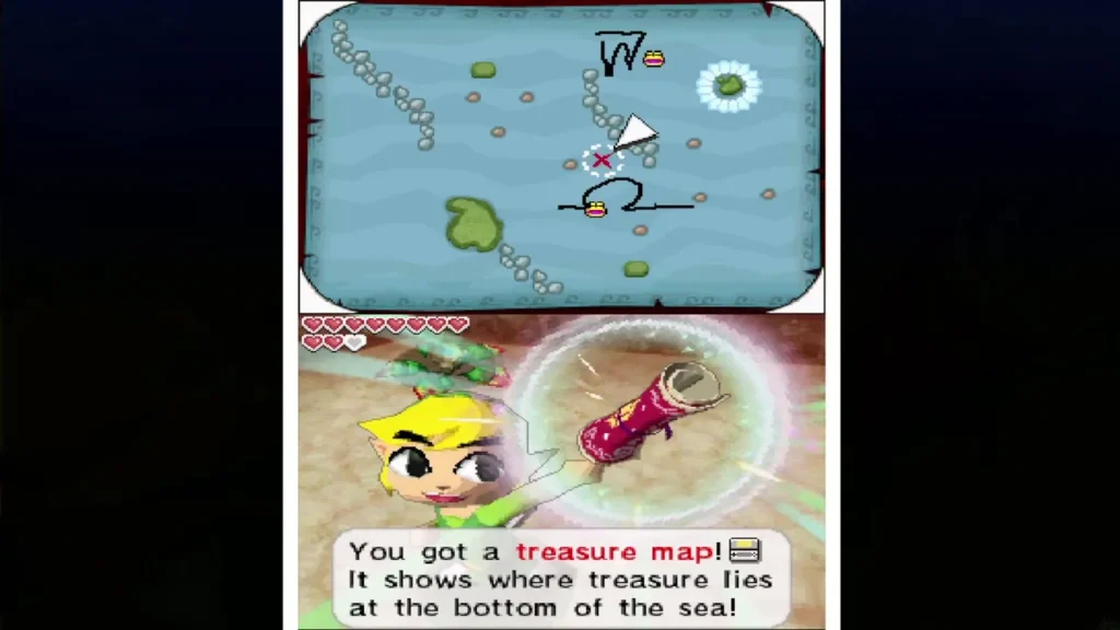 Link holding up a treasure map with the item message box Link holding up a treasure map with the item message box