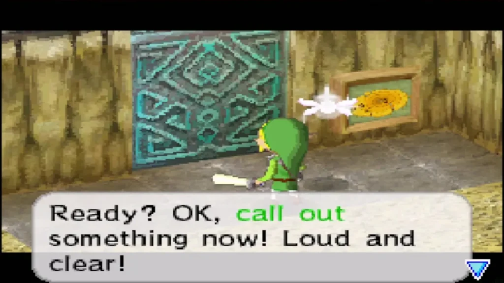 Ciela telling Link to call out loudly at the door and the map beside it Ciela telling Link to call out loudly at the door and the map beside it