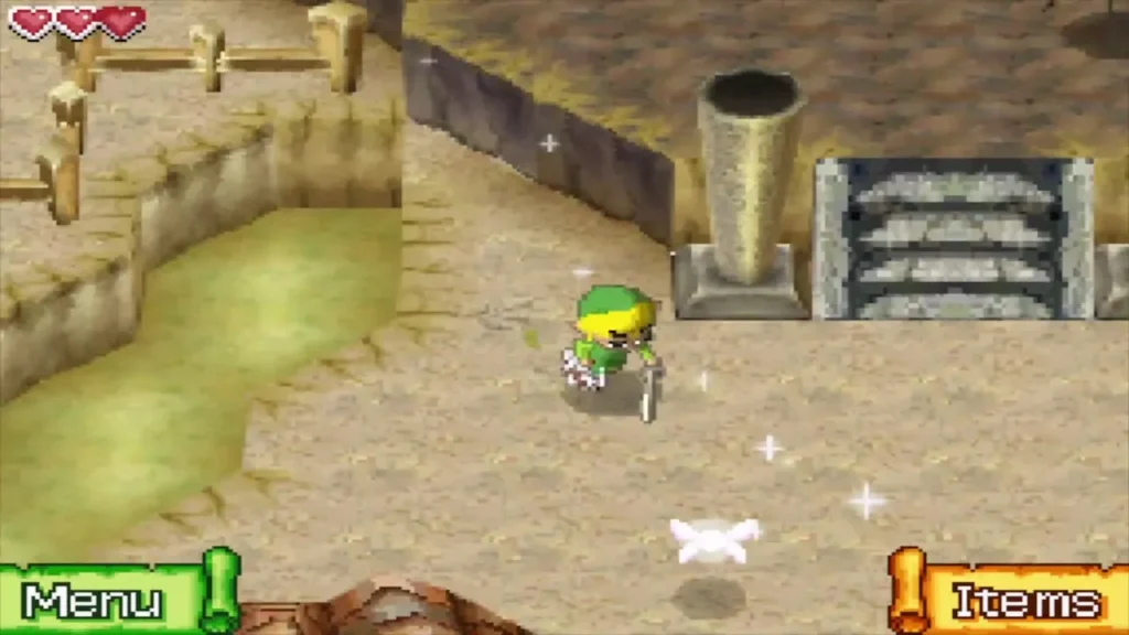 Link climbing the volcano path past a stone pillar and stairs Link climbing the volcano path past a stone pillar and stairs