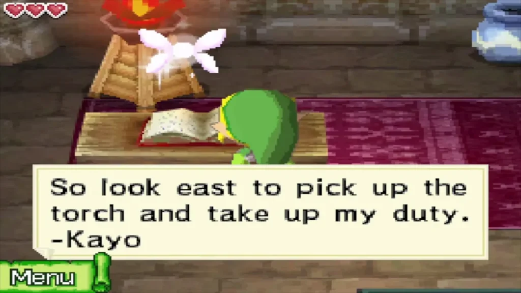 Link reading Kayo's letter that asks the finder to look east and take up his duty Link reading Kayo's letter that asks the finder to look east and take up his duty