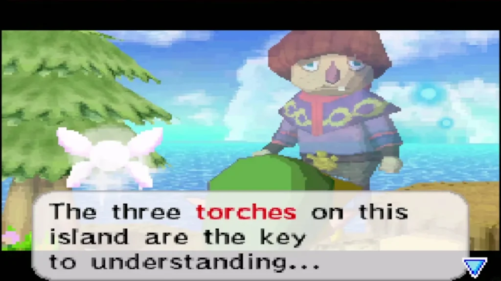 Kayo explaining that the three torches on the island are the key Kayo explaining that the three torches on the island are the key
