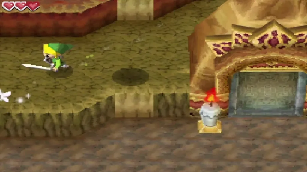 Link near the Temple of Fire gate and its lit candle at the top of the volcano Link near the Temple of Fire gate and its lit candle at the top of the volcano