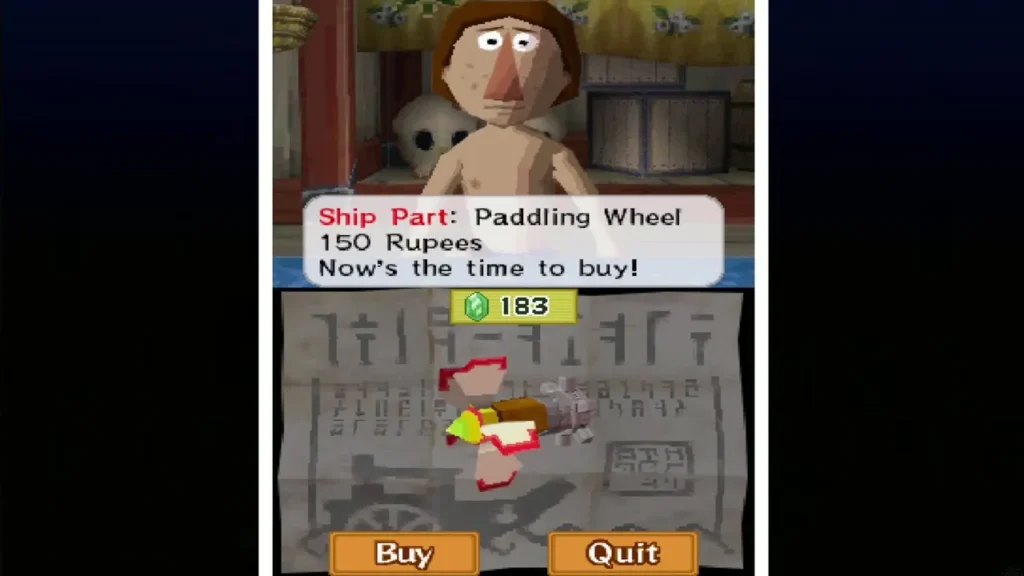 Beedle offering the Paddling Wheel ship part for 150 rupees with Buy and Quit buttons Beedle offering the Paddling Wheel ship part for 150 rupees with Buy and Quit buttons