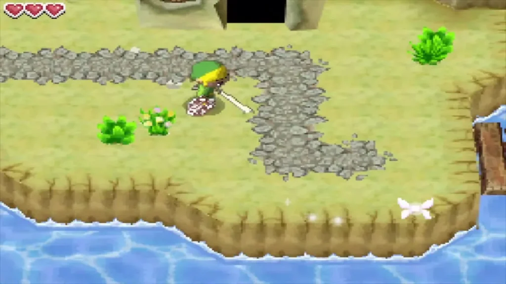 Link walking the stone path east of Astrid's house with the sword drawn Link walking the stone path east of Astrid's house with the sword drawn