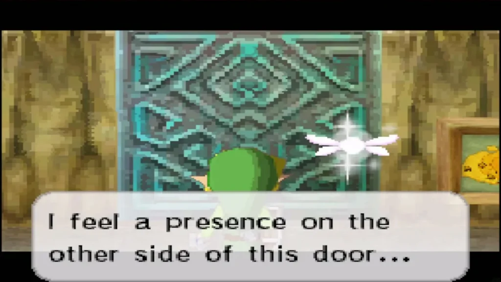 Link facing the sealed teal door as Ciela senses someone behind it Link facing the sealed teal door as Ciela senses someone behind it