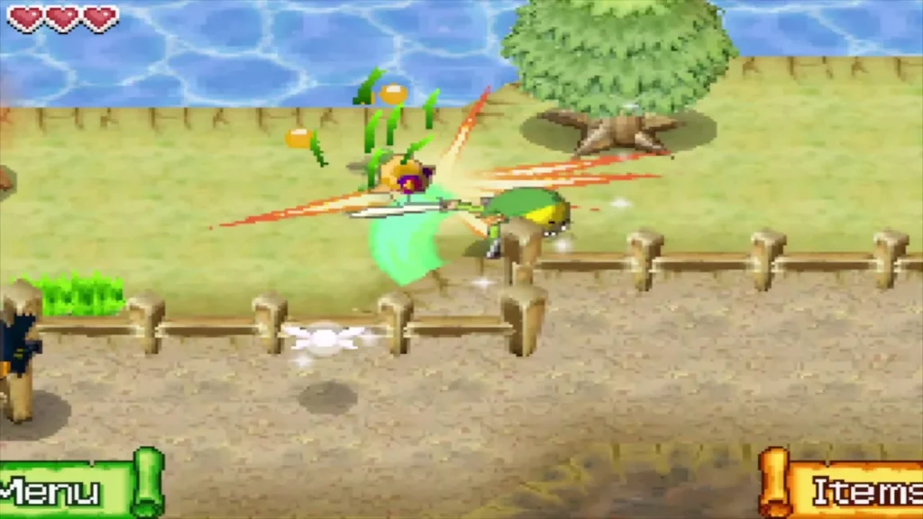 Link hitting a beetle with a spin attack along the northern fence Link hitting a beetle with a spin attack along the northern fence