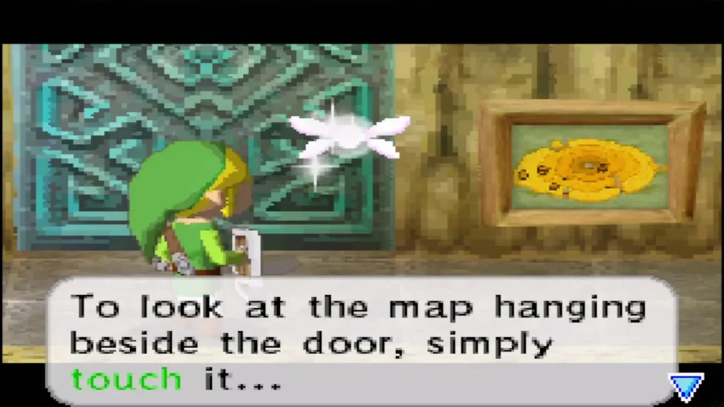 Link beside the door and the map on the wall that must be touched Link beside the door and the map on the wall that must be touched