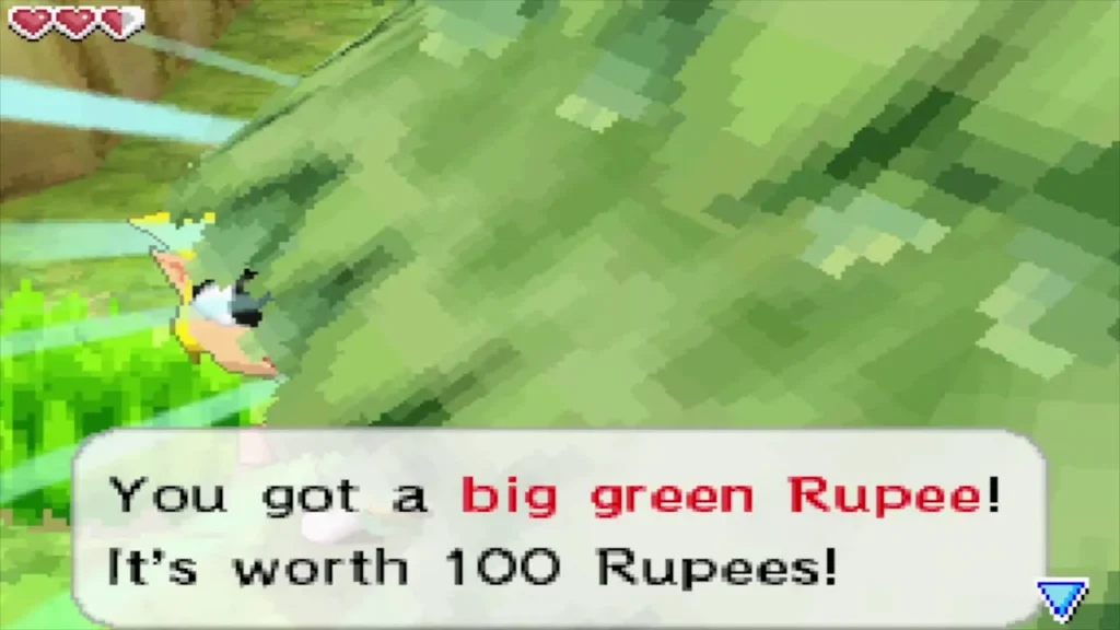 Link gets a big green Rupee worth 100 Rupees after hitting the tree Link gets a big green Rupee worth 100 Rupees after hitting the tree