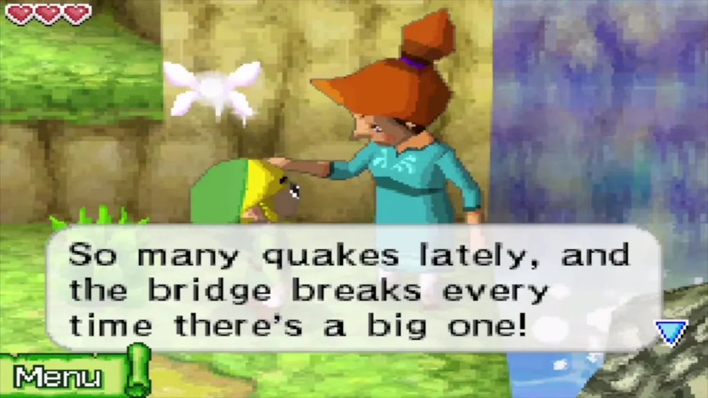 A villager explaining that the bridge breaks with every quake A villager explaining that the bridge breaks with every quake