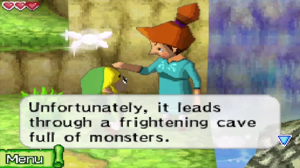 The villager warning that the other route is a cave full of monsters The villager warning that the other route is a cave full of monsters