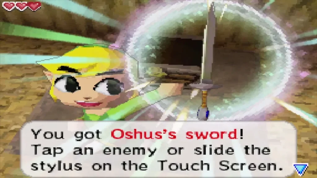 Link holding up Oshus's sword after opening the chest Link holding up Oshus's sword after opening the chest