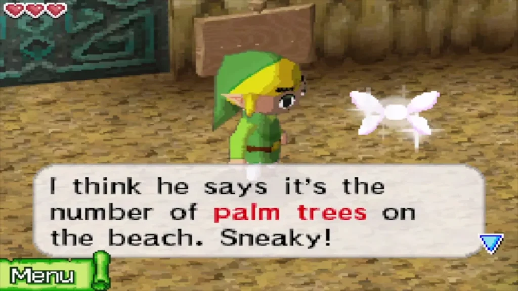 Link at the cave door sign as Ciela hints at the palm tree number Link at the cave door sign as Ciela hints at the palm tree number