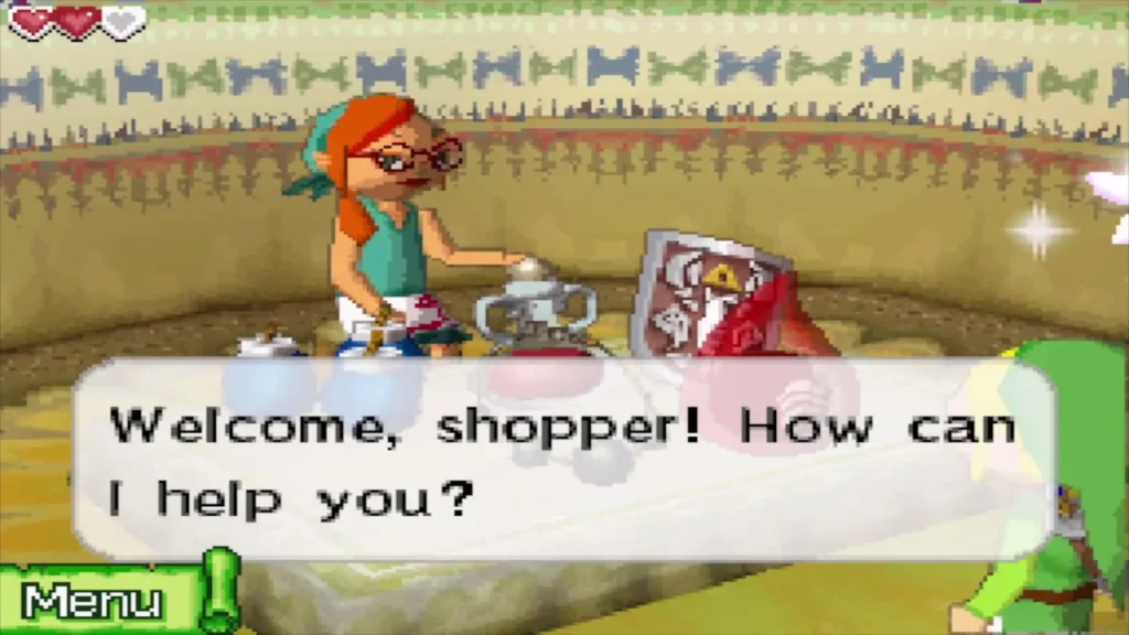 The shopkeeper welcoming Link with her wares on the counter The shopkeeper welcoming Link with her wares on the counter