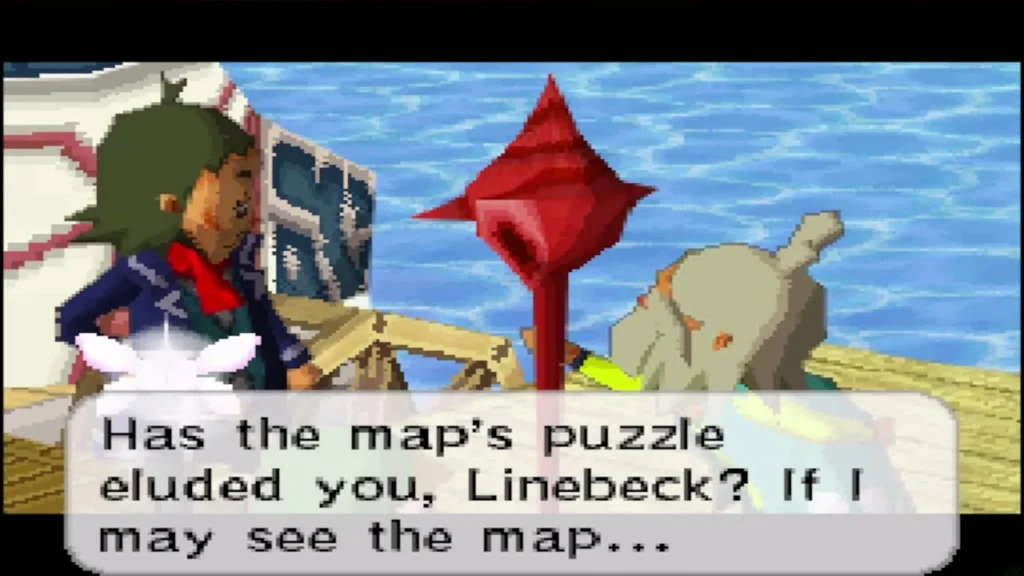 Oshus and Linebeck talk with Link on the Mercay Island dock Oshus and Linebeck talk with Link on the Mercay Island dock