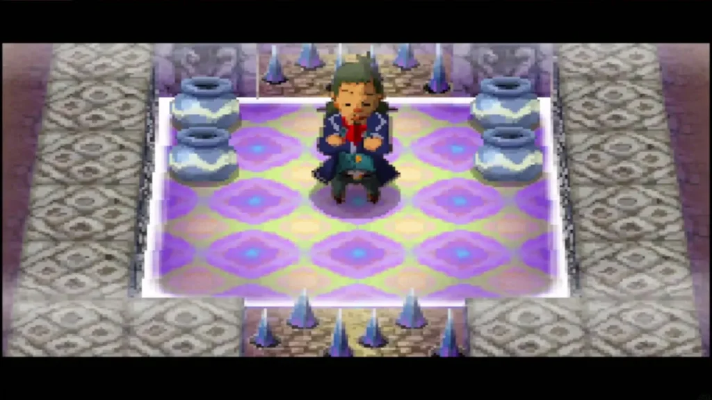 The first temple room with Linebeck on a purple safe zone ringed by spikes The first temple room with Linebeck on a purple safe zone ringed by spikes