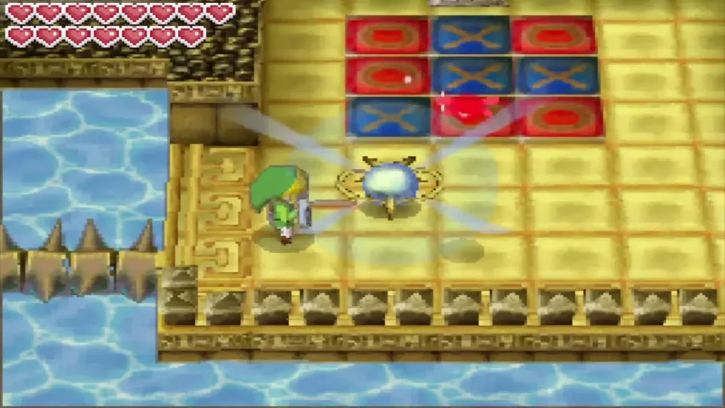 Link beside the arrow aimer and spiked bridge over the water Link beside the arrow aimer and spiked bridge over the water