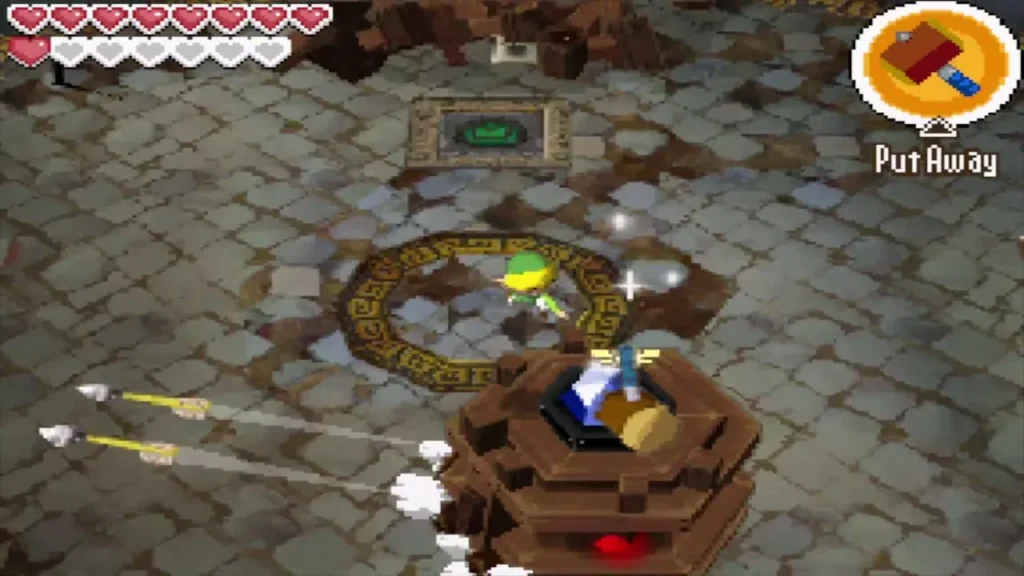 Link leaping at the crystal on Eox's head as arrows fly past Link leaping at the crystal on Eox's head as arrows fly past
