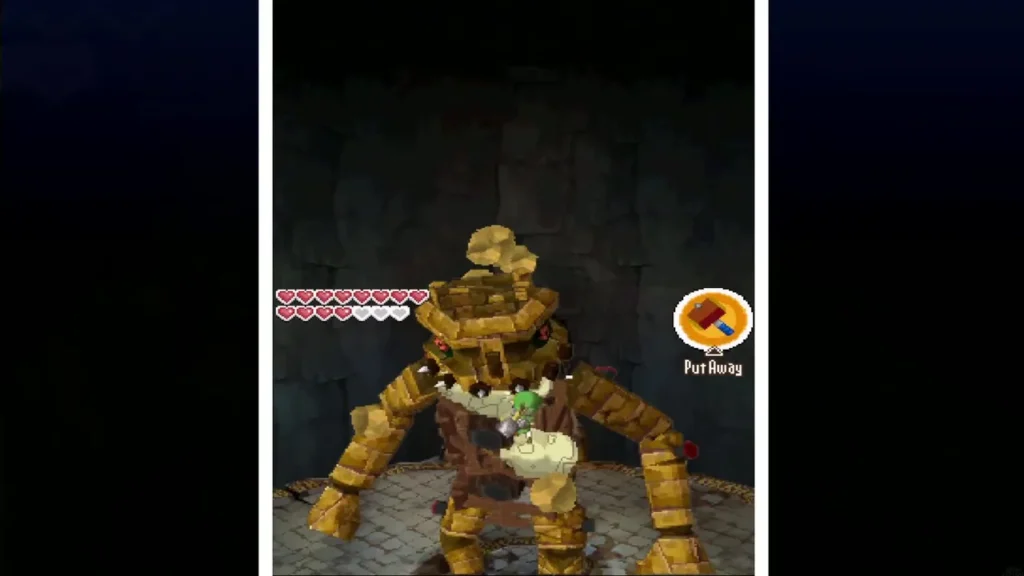 Chunks of Eox's stone armour crumbling away as Link lands a hit Chunks of Eox's stone armour crumbling away as Link lands a hit