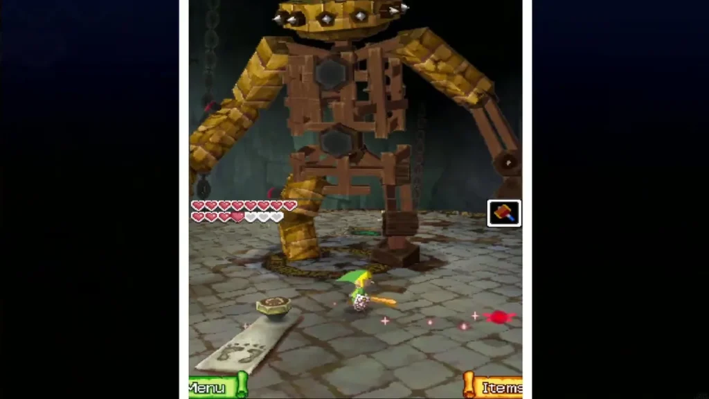 Eox reduced to a wooden frame as Link readies the Hammer on a catapult Eox reduced to a wooden frame as Link readies the Hammer on a catapult