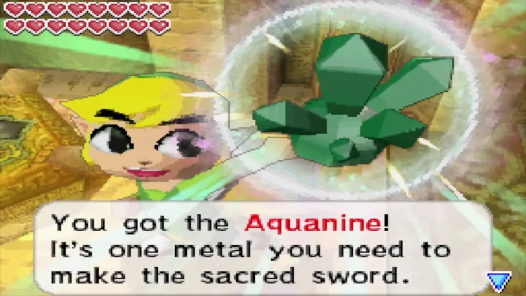 Link holds up the Aquanine as the box says it is one metal needed for the sacred sword Link holds up the Aquanine as the box says it is one metal needed for the sacred sword