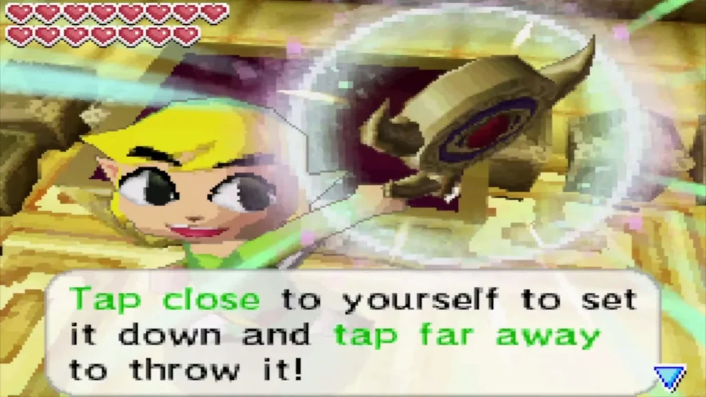 Link holding the Boss Key overhead with the tap-to-throw hint Link holding the Boss Key overhead with the tap-to-throw hint
