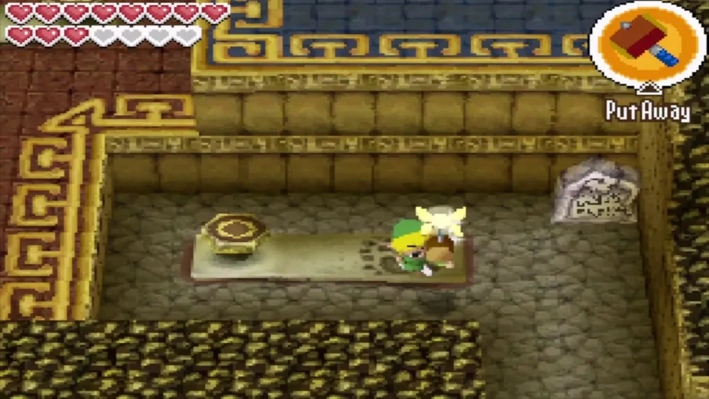 Link and Ciela standing by the footprints next to a switch Link and Ciela standing by the footprints next to a switch