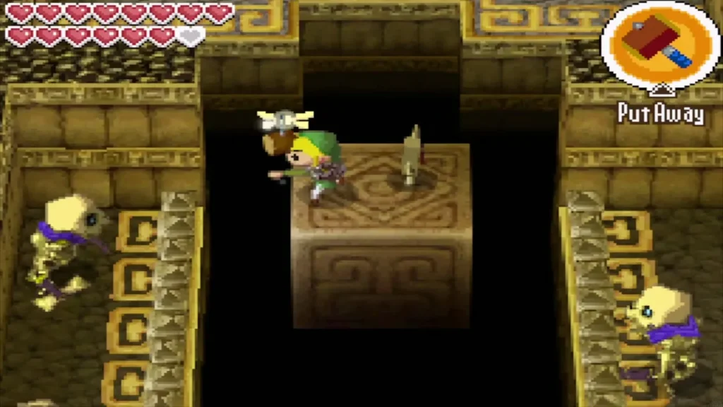 Link with the Hammer on a block in a room with enemies on both sides Link with the Hammer on a block in a room with enemies on both sides
