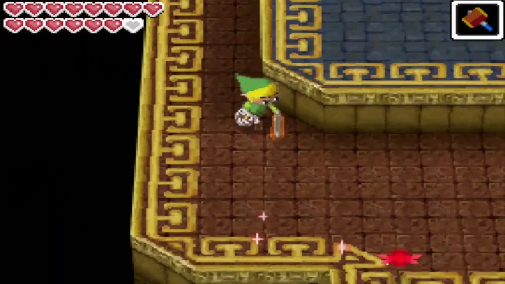 Link swinging the Hammer in a brick-floored corridor Link swinging the Hammer in a brick-floored corridor
