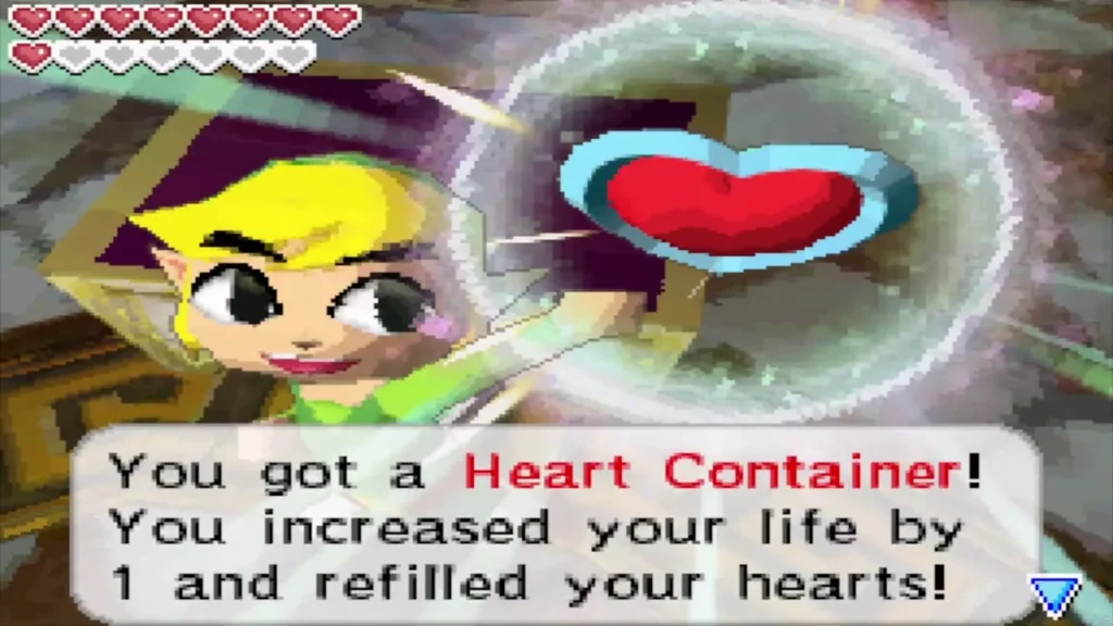 Link holding up a Heart Container after opening the chest Link holding up a Heart Container after opening the chest