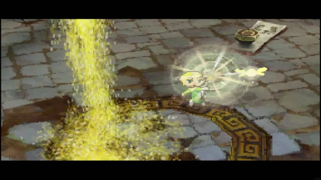 Golden sand pouring down as Link raises the Phantom Hourglass Golden sand pouring down as Link raises the Phantom Hourglass