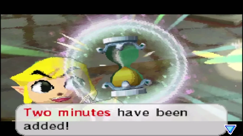 Link holding up the Phantom Hourglass with the message that two minutes were added Link holding up the Phantom Hourglass with the message that two minutes were added