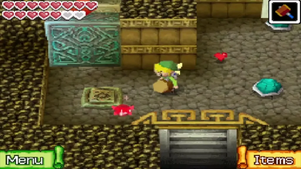 Link beside a floor switch and boulder block in a 1F room Link beside a floor switch and boulder block in a 1F room