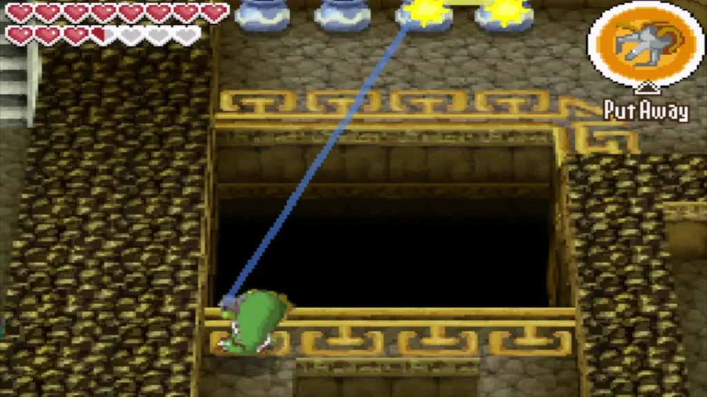 Link aiming the Boomerang across a pit toward glowing targets Link aiming the Boomerang across a pit toward glowing targets
