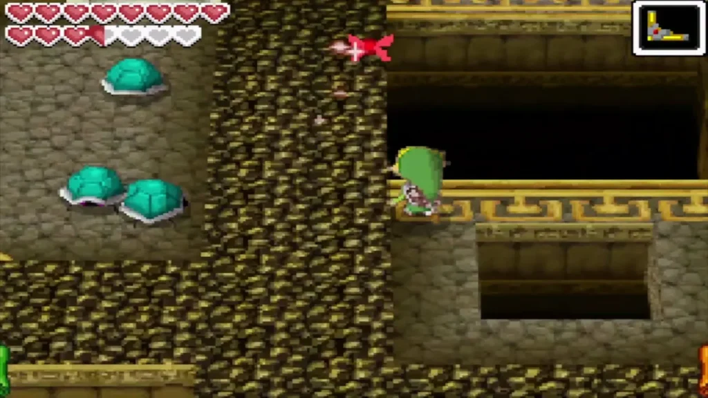 Link on a ledge beside a dark pit with shelled enemies nearby Link on a ledge beside a dark pit with shelled enemies nearby