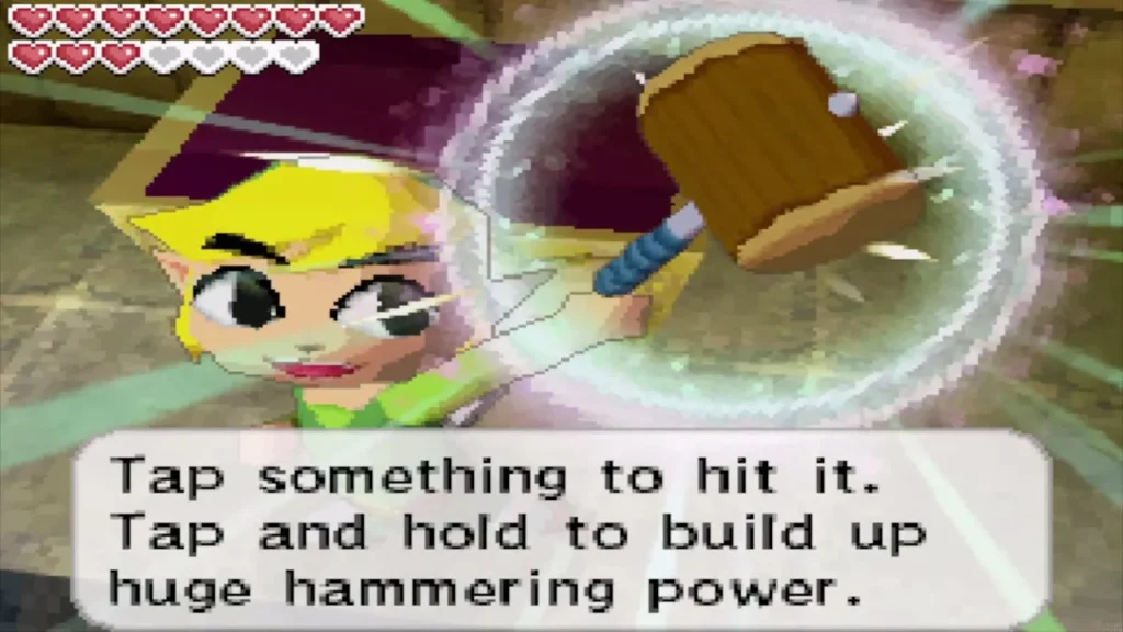 Link with the Hammer and the message explaining how to swing it Link with the Hammer and the message explaining how to swing it