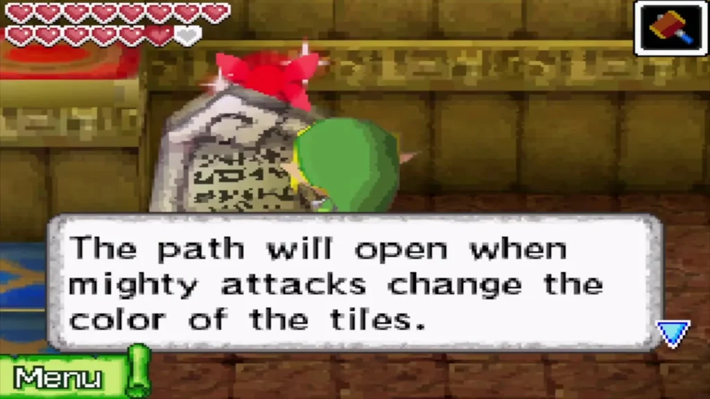 Link reading a stone sign about changing the colour of the tiles Link reading a stone sign about changing the colour of the tiles