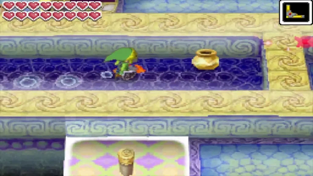 Link crossing a B10 corridor with a pot ahead and a safe zone below