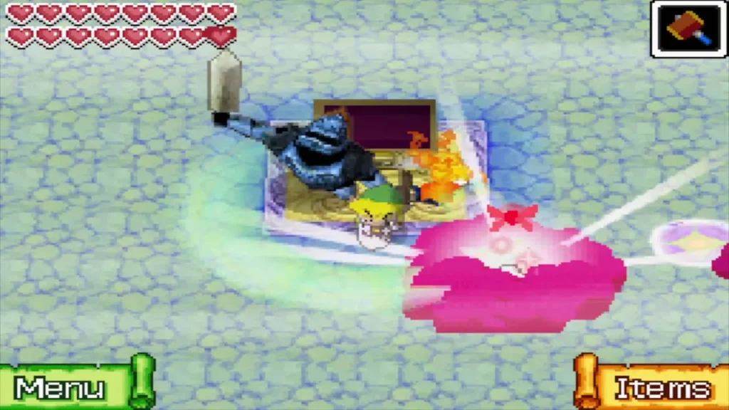 Link slashing a Phantom beside a chest on a platform on B13