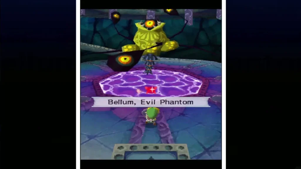 Link facing Bellum, Evil Phantom, floating above the purple pool in the octagonal arena