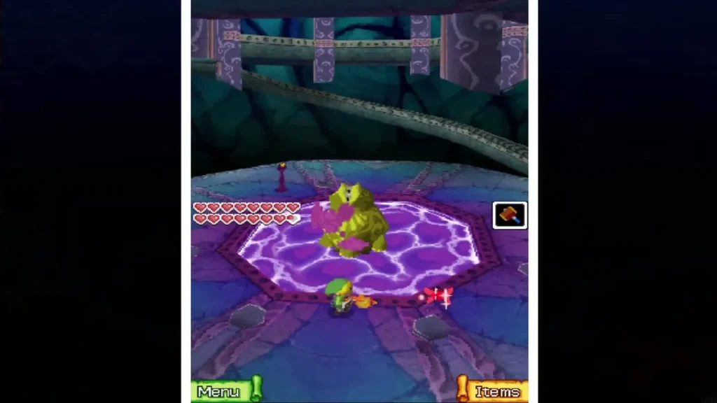Link facing Bellum on the purple platform in his chamber