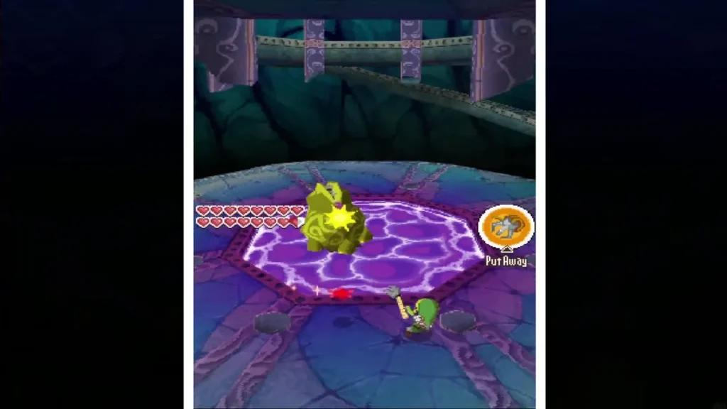 Link holding the Grappling Hook while Bellum thrashes in the purple pool