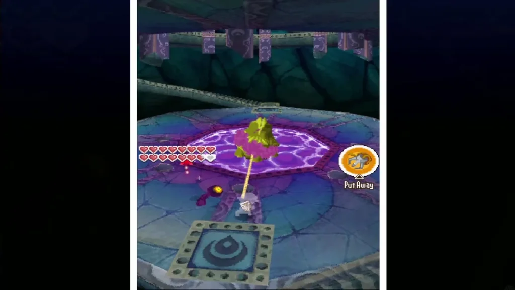 Link pulling Bellum's ooze lump across the arena with the Grappling Hook