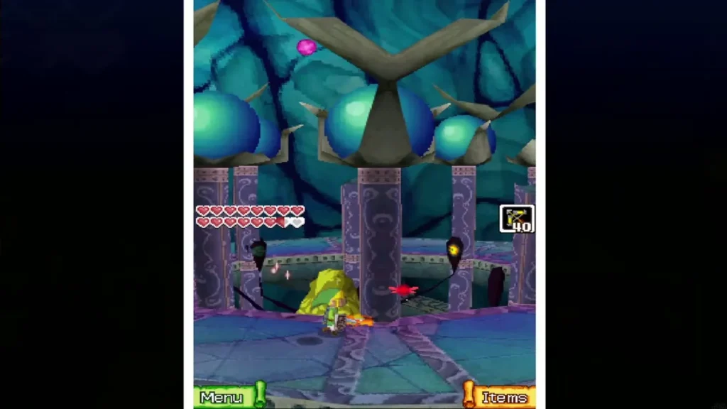 Link shooting at a tentacle eye on the second level among the pillars