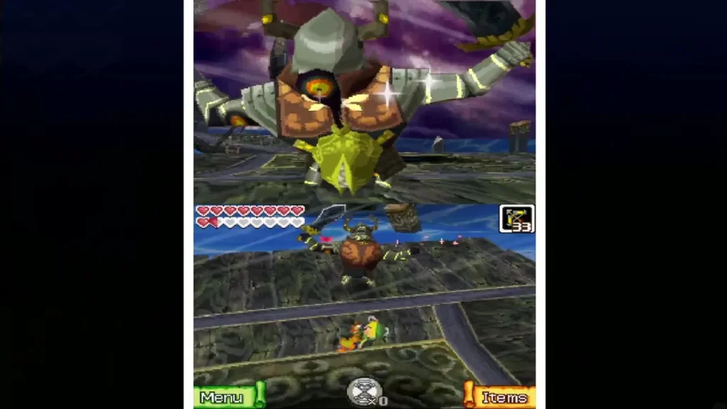 Bellumbeck looming over Link with the eye on his back open on the top screen