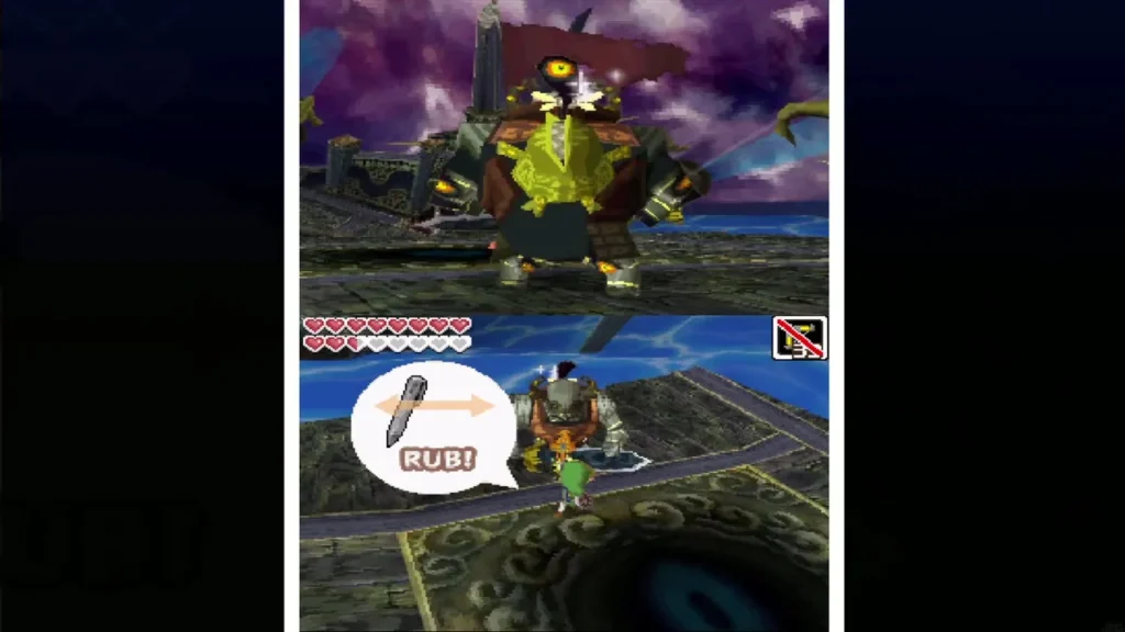 Link in a sword lock with Bellumbeck, a prompt telling him to rub the stylus