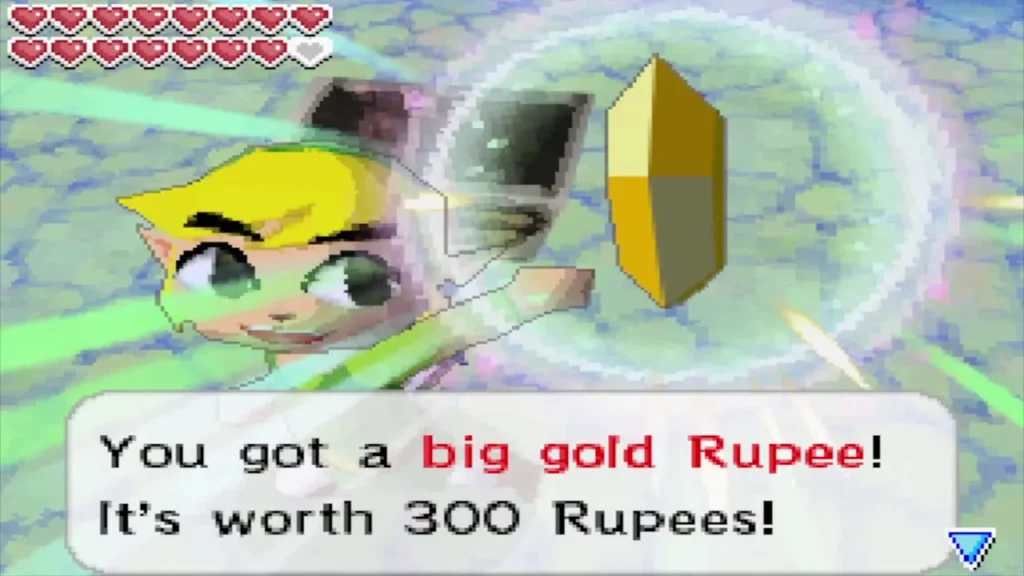 Link holding up a big gold Rupee worth 300 Rupees