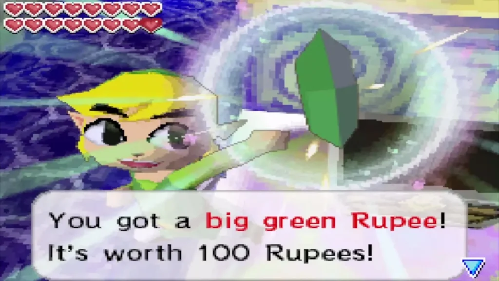 Link holding up a big green Rupee worth 100 Rupees with its message box