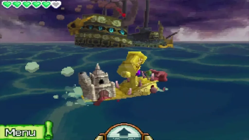 The S.S. Linebeck sailing past the Ghost Ship with its eyes along the hull