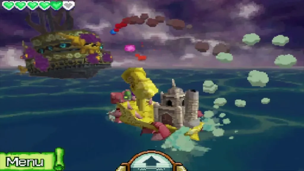 The S.S. Linebeck aiming its cannon at ooze balls arcing from the Ghost Ship