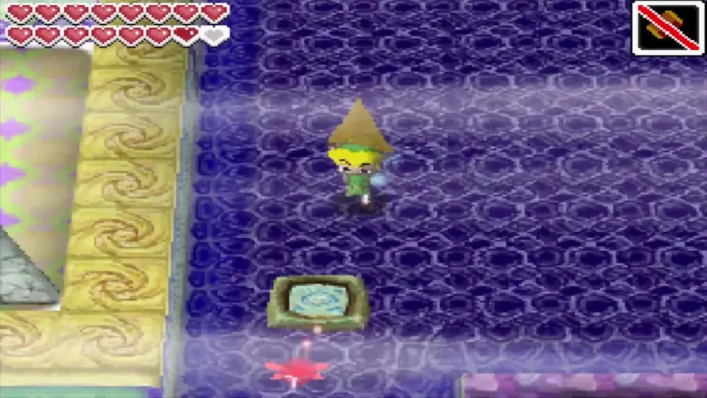 Link carrying a Force Gem on his head across the floor